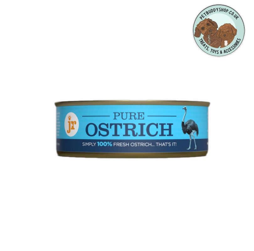 Can of pure ostrich on a white background with a brand logo in the corner.
