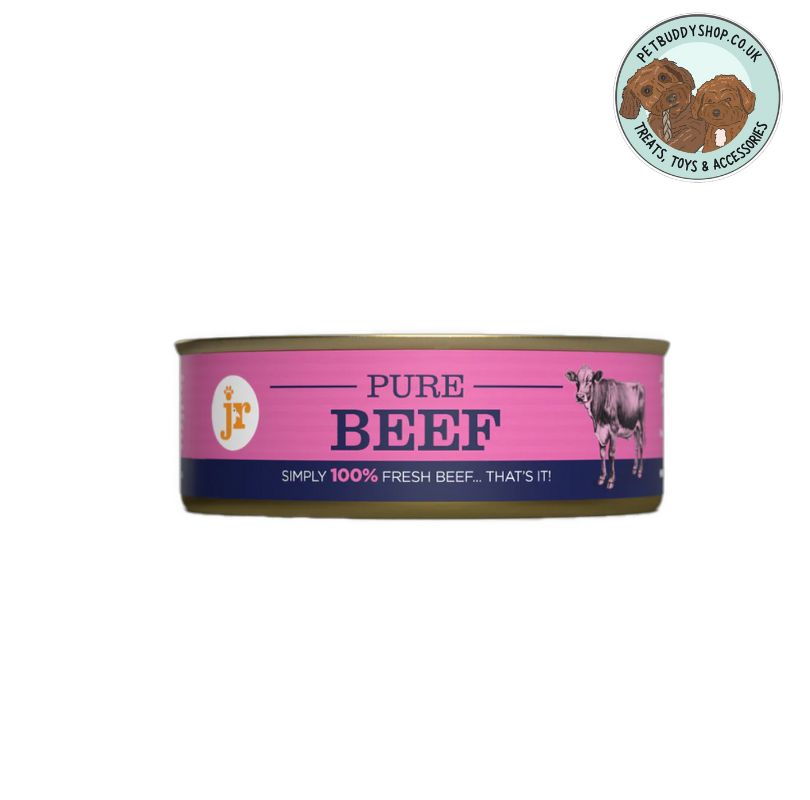 Can of pure beef pet food with a pink label on a white background