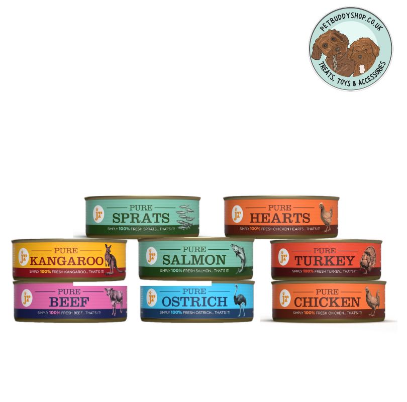 Assorted cans of pureed meats with a petbuddy store logo on a white background