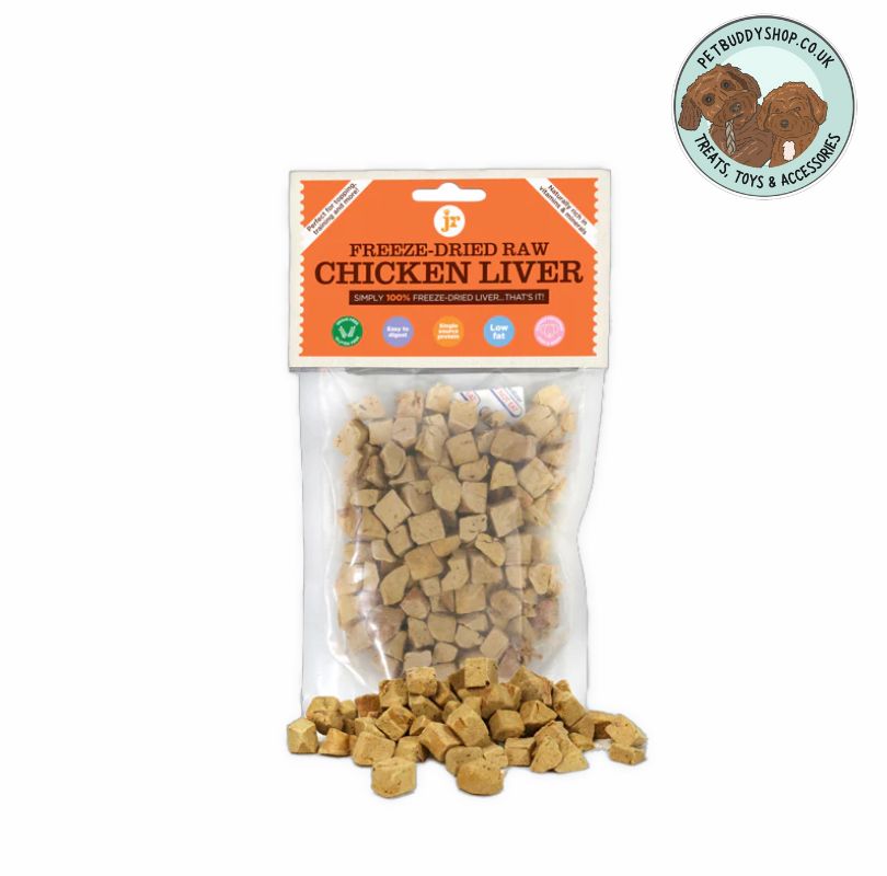 Package of freeze-dried raw chicken liver for dogs on a white background