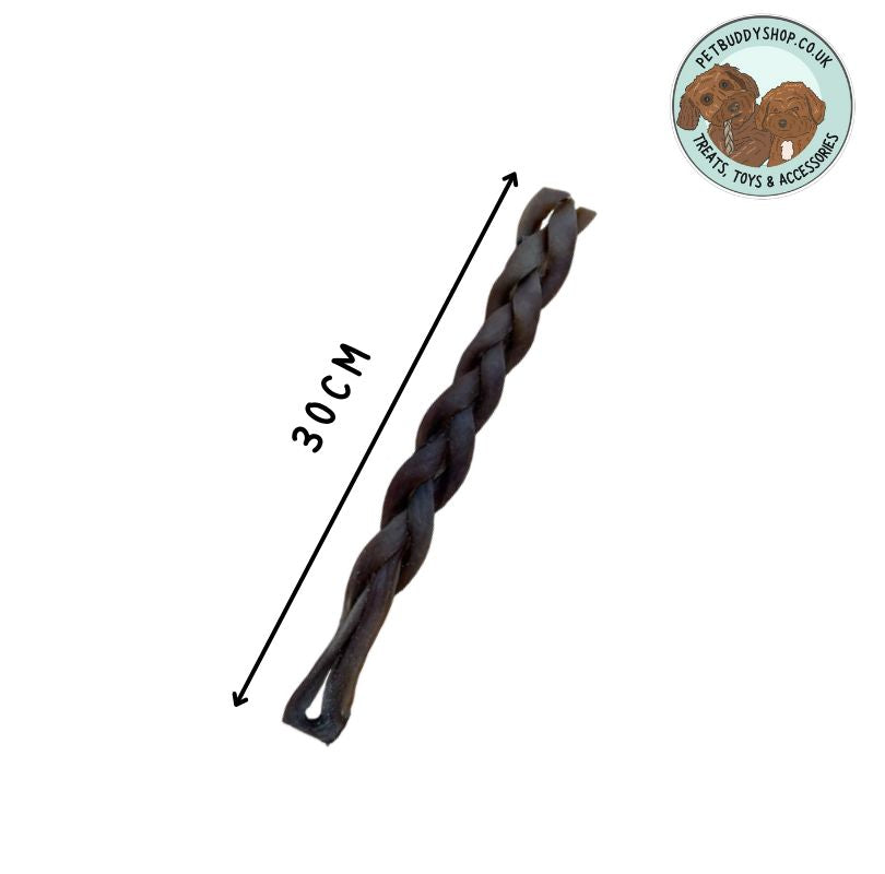 Dark brown braided camel skin dog chew with an arrow next to it symbolising that the chew is 30cm long all on a white background.