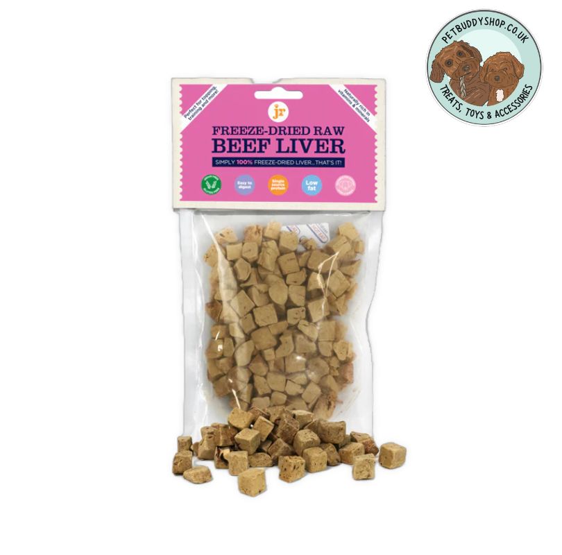 Package of freeze-dried raw beef liver for dogs on a white background