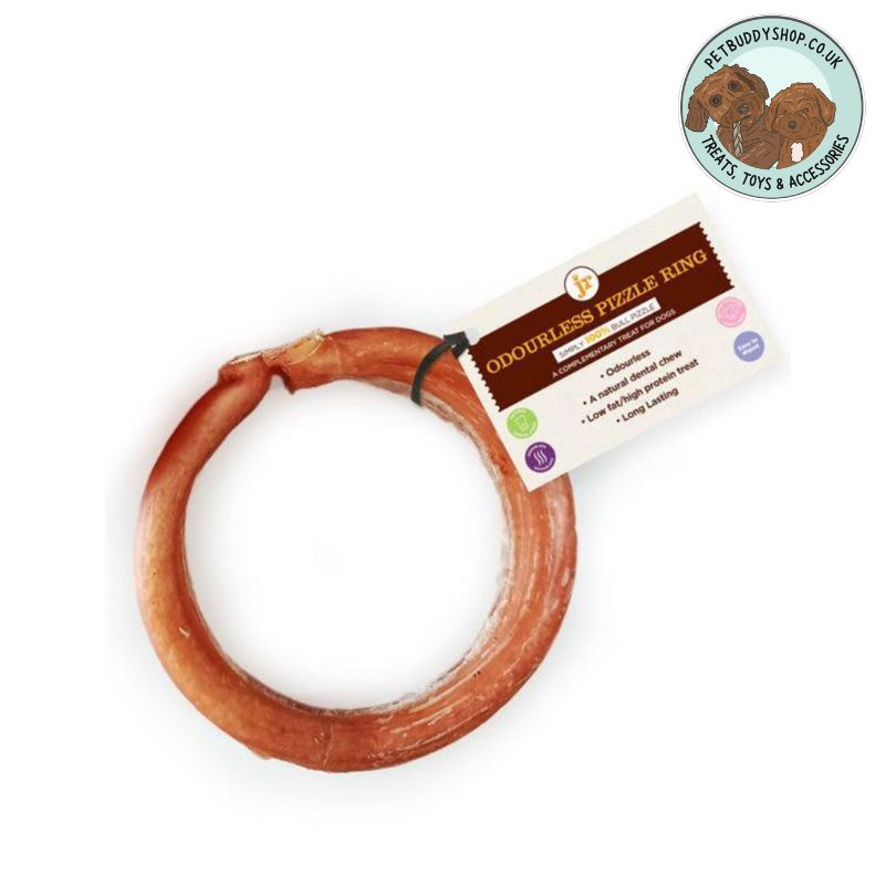 Brown pizzle ring dog chew with a brown and white label on it which reads "odourless pizzle ring" on a white background with the PetBuddy label in the top right hand corner.