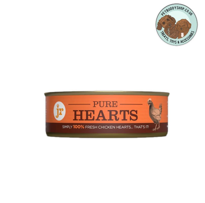 Can of Pure Hearts fresh chicken hearts on a white background