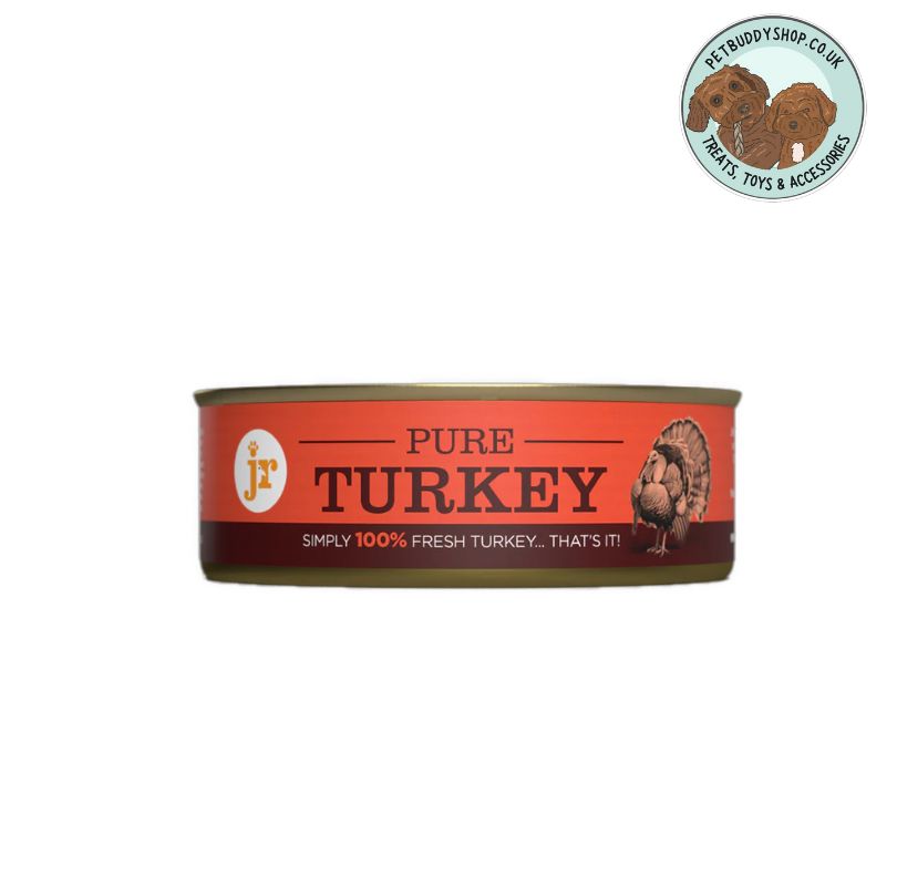 Can of pure turkey on a white background with a brand logo in the corner.