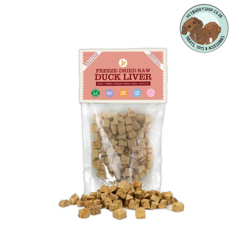 Package of freeze-dried raw duck liver for dogs on a white background