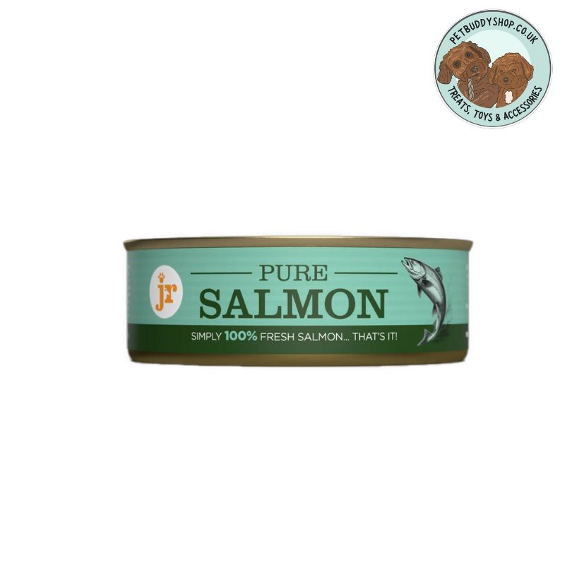 Can of pure salmon on a white background with a brand logo.