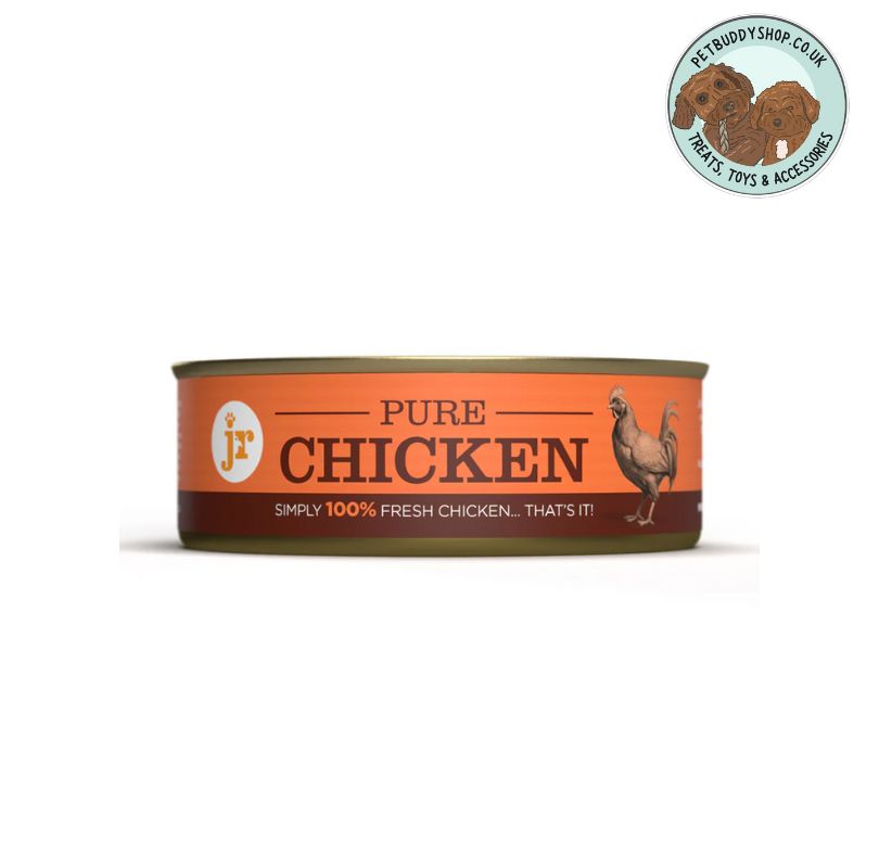 Can of pure chicken food with a brand logo on an orange label