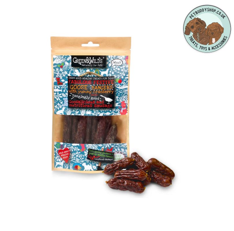 Green & Wilds Goose Bangers with Cranberry, perfect little high value sausages your dog will adore.