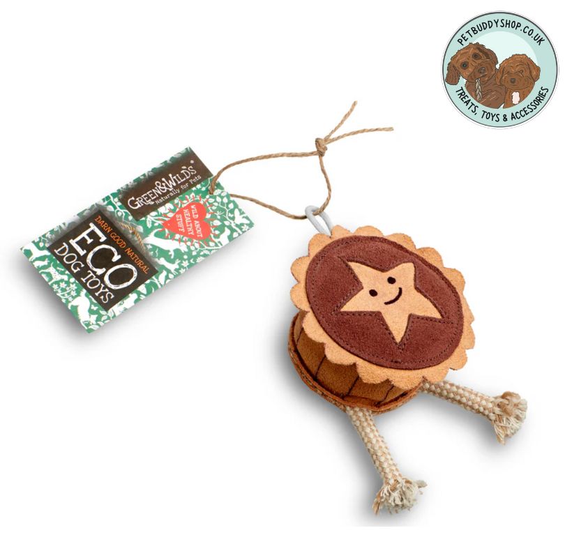 Green & Wilds Merry the Mince Pie eco dog toy, a cute little mince pie with jute rope legs, strong, tough, durable and perfect for your dog's Christmas Stocking. 