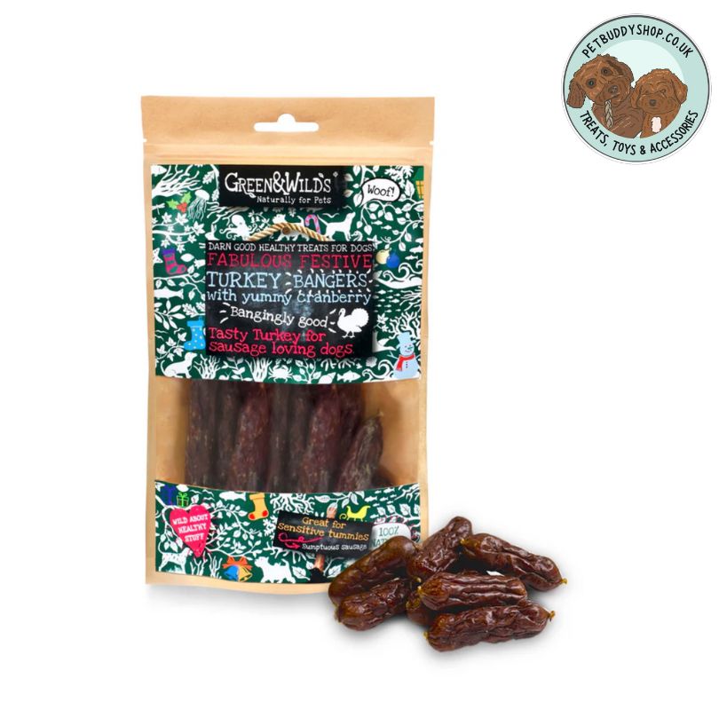 Green & Wilds Turkey Bangers with Cranberry, perfect little high value sausages your dog will adore.