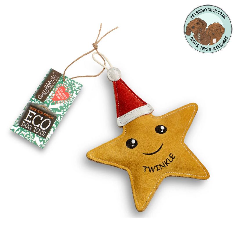 Green & Wilds Twinkle the Star Eco Dog Toy, a lovely festive strong dog toy amde with suede and jute.