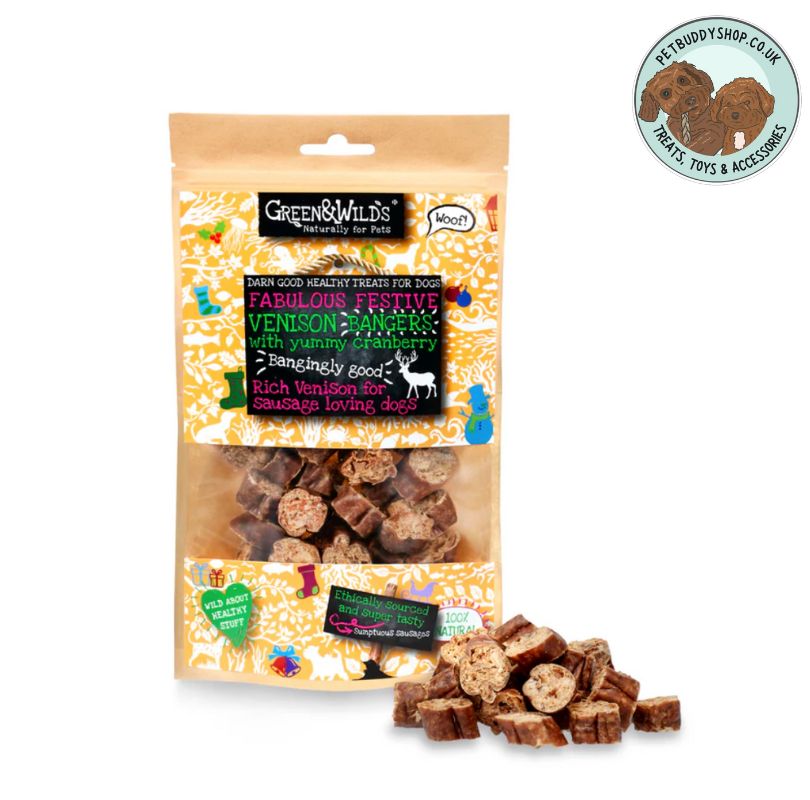 Green & Wilds Venison Bangers with Cranberry, perfect little high value sausages your dog will adore.