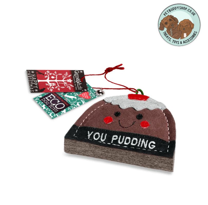 Dog toy shaped like a Christmas pudding with 'You Pudding' text, featuring the PetBuddy brand logo in the corner.