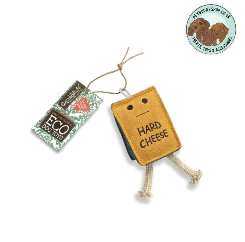 Dog toy shaped like a piece of yellow cheese with 'Hard Cheese' text stitched inti it with two rope legs, on a white background with the PetBuddy brand logo in the corner.