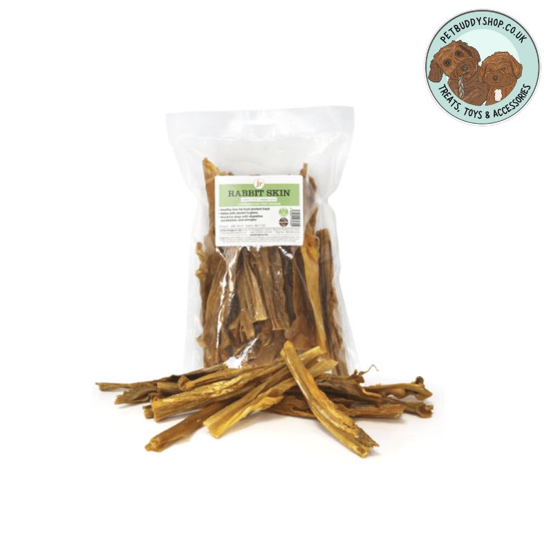 Bag of dog treats labeled Rabbit Skin with a PetBuddy brand logo on a white background.