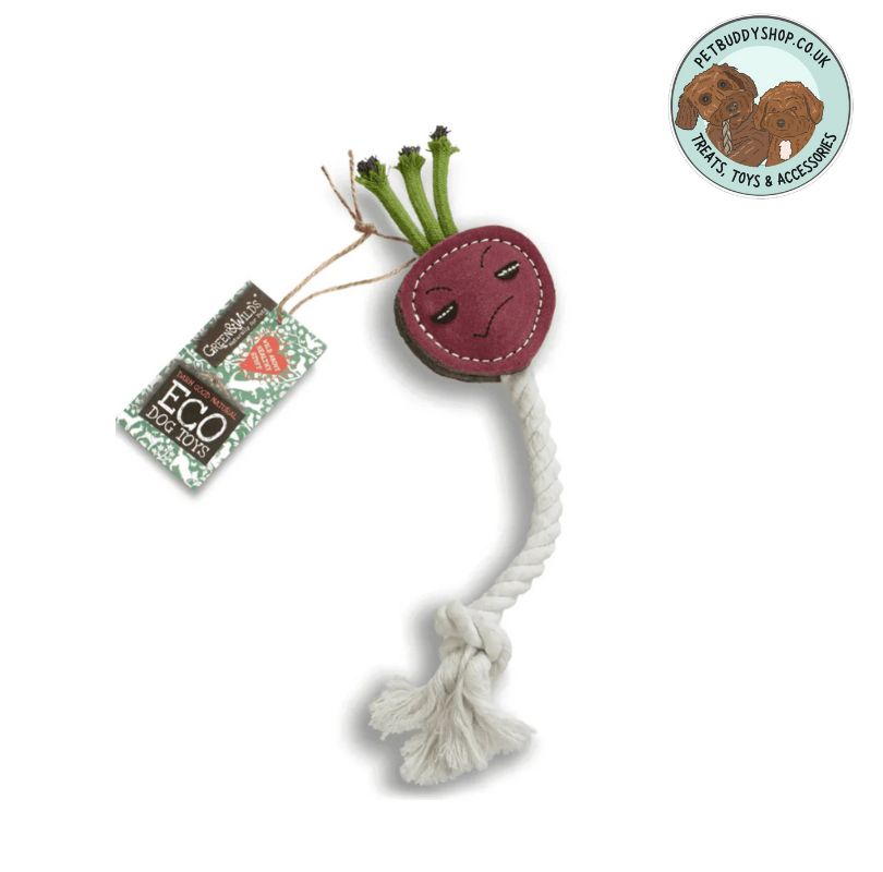 Dog toy shaped like a reddish with a long rope root and 2 green rope leaves on a white background with the PetBuddy brand logo in the top right hand corner.
