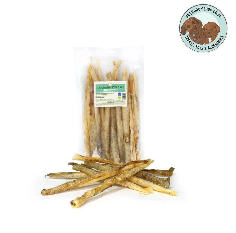 Seabass Straws dog treats in see through packaging on a white background with the PetBuddy logo in the top right corner