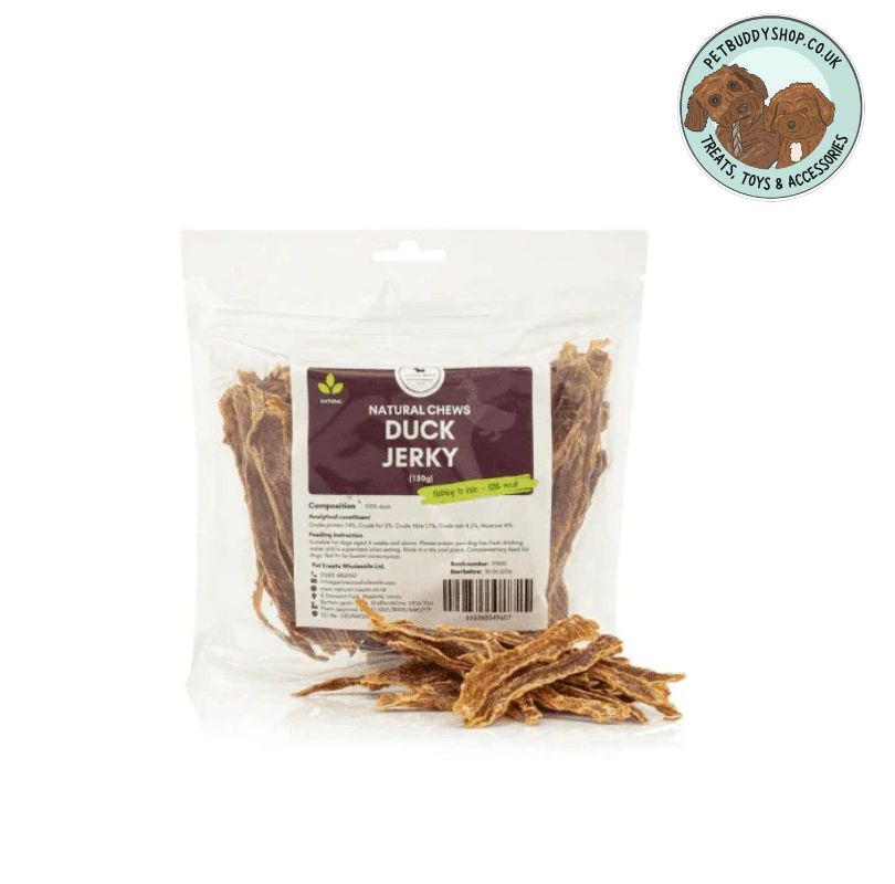 Transparent package of duck jerky dog treats on a white background with the PetBuddy logo in the top right hand corner