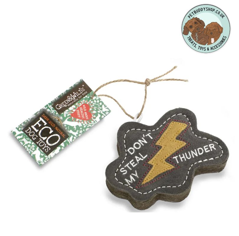 Cloud shaped dog toy with 'Don't Steal My Thunder' text sewn into it and a lightning bolt design, accompanied by a Green & Wilds packaging.