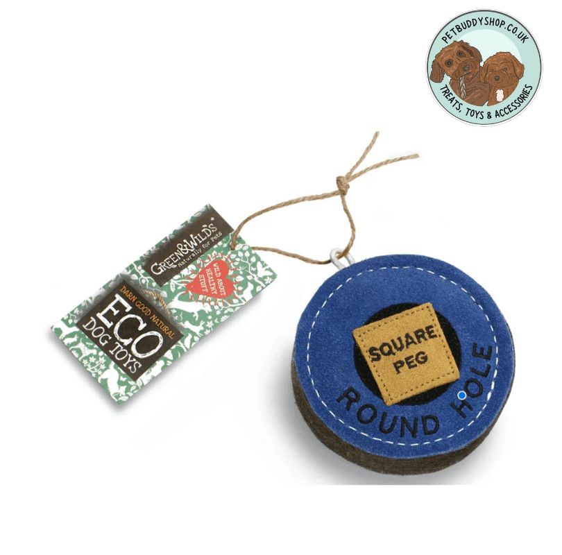 Blue circular dog toy with text that reads Square Peg, Round and a packaging label on a white background