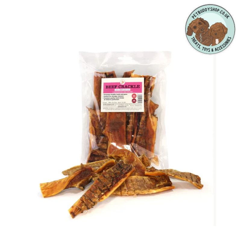 Packaged beef crackle treat with visible brand logo on a white background