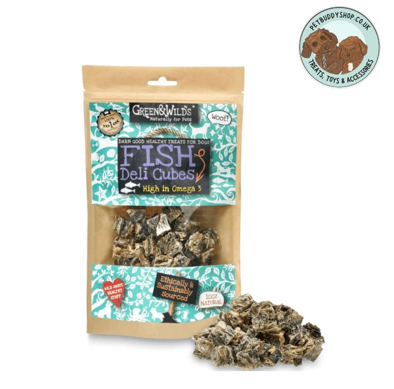 Package of Green & Wild's Fish Deli Cubes dog treats with a handful of fish cubes showing outside of the packet on a white background.