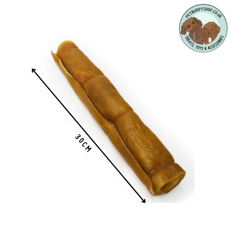 Brown rolled-up Buffalo Wrap natural dog treat with measurement label reading 30CM on a white background with the PetBuddy logo in the top right hand corner.