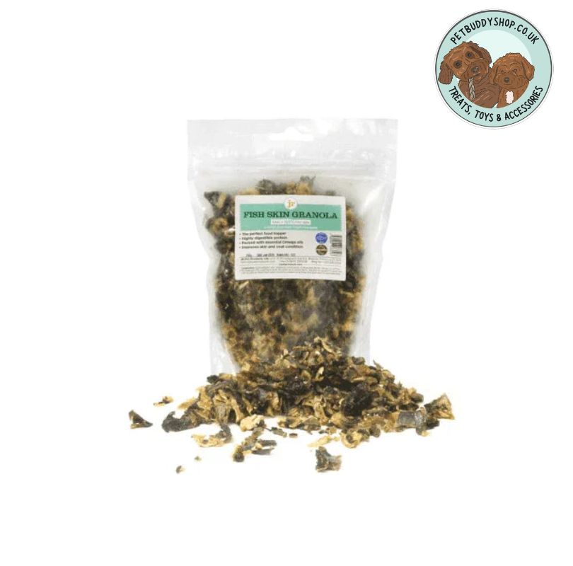 Bag of fish skin granola with a visible label on a white background, featuring the brand 'PetBuddy'