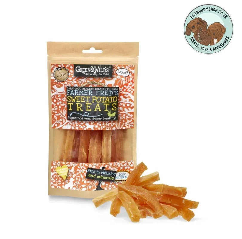 Green & Wilds Farmer Fred's Sweet Potato Dog Treats, vegan and low fat. Available at PetBuddy.