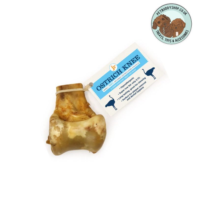 Ostrich Knee Bone with blue label which reads "Ostrich Knee" on white background with the PetBuddy logo in the top right hand corner.