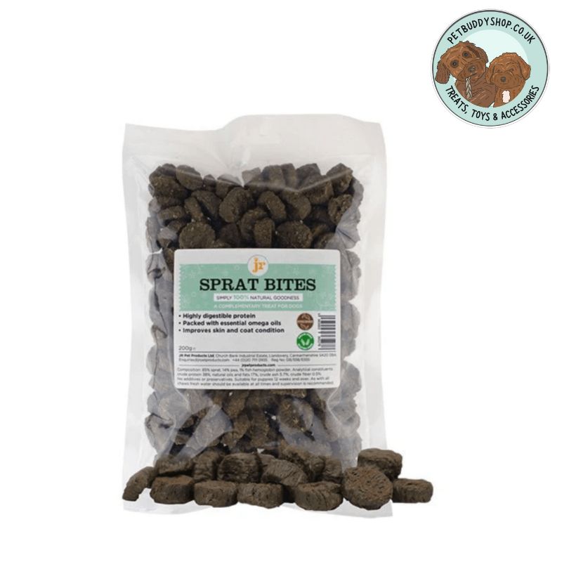Bag of Sprat Bites for dogs with a visible label and PetBuddy logo on a white background