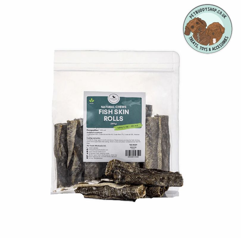 Packet of Fish Skin Rolls dog treats on white background with PetBuddy logo in the top right corner