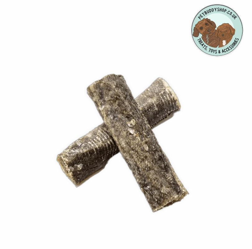 Two Fish Skin Rolls dog treats on a white background with PetBuddy logo in top right hand corner