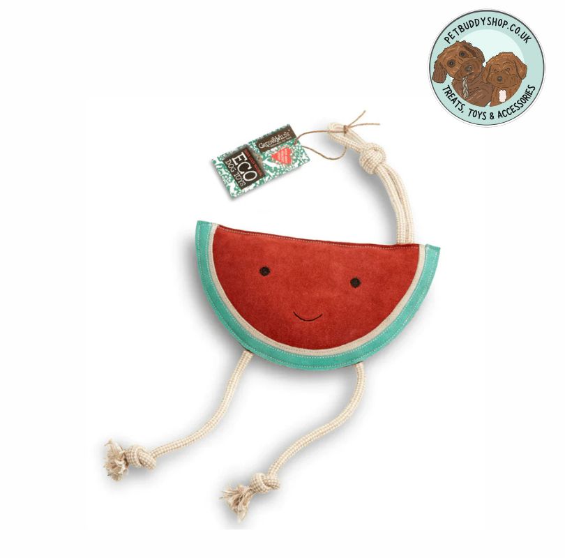 Large suede red and green watermelon dog toy with a rope handle and rope legs on a white background, featuring a brand logo in the corner.