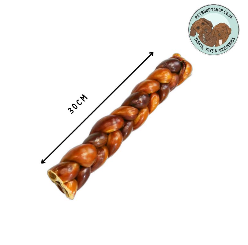 Braided Beef Dog chew and measurement reading 30cm on a white background with the PetBuddy logo in the top right hand corner.