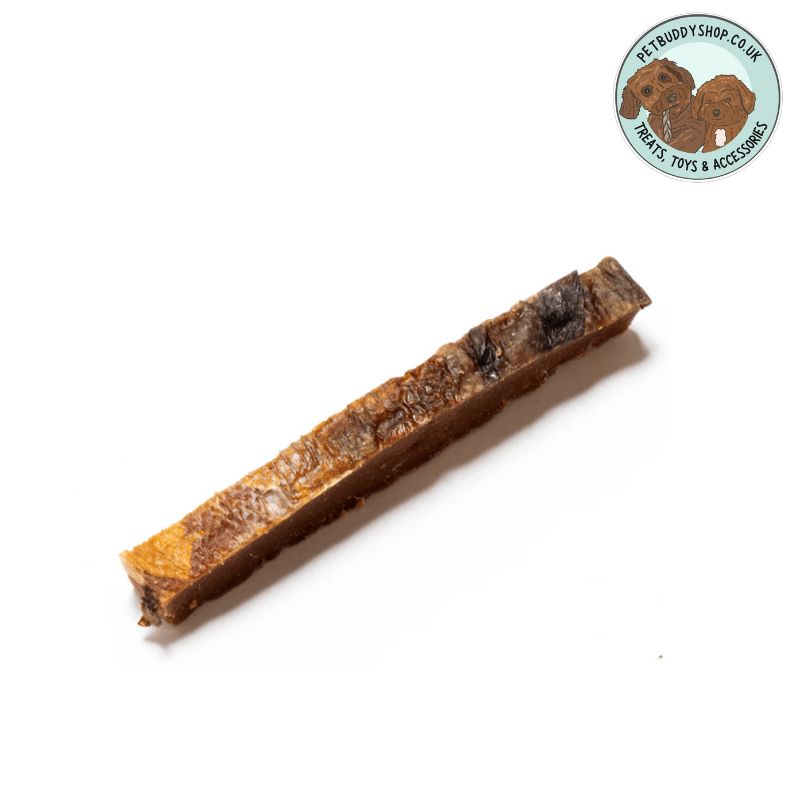 Salmon Skin Dog treat on a white background with the PetBuddy logo in the corner.