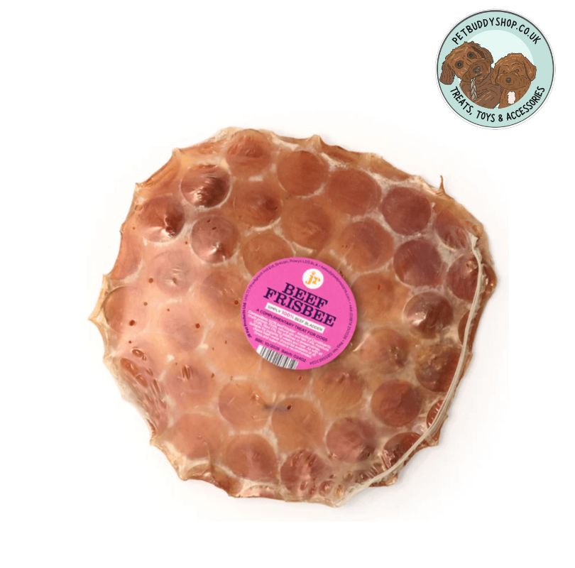 Beef frisbee treat with a pink label on a white background, featuring the PetBuddy logo in the corner.