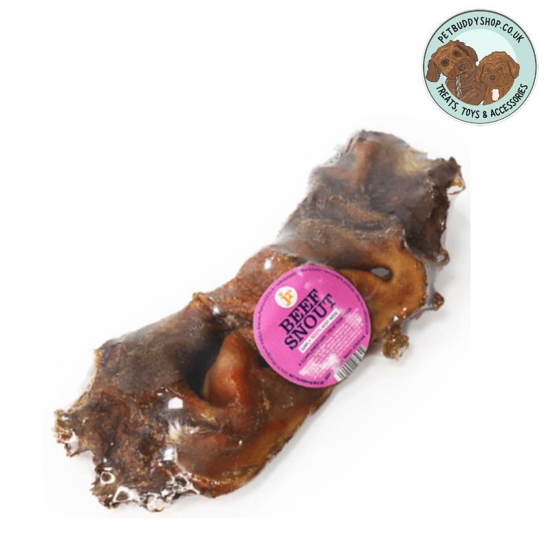 Beef Snout dog chew with a pink label reading Beef Snout on a white background with the PetBuddy logo in the corner