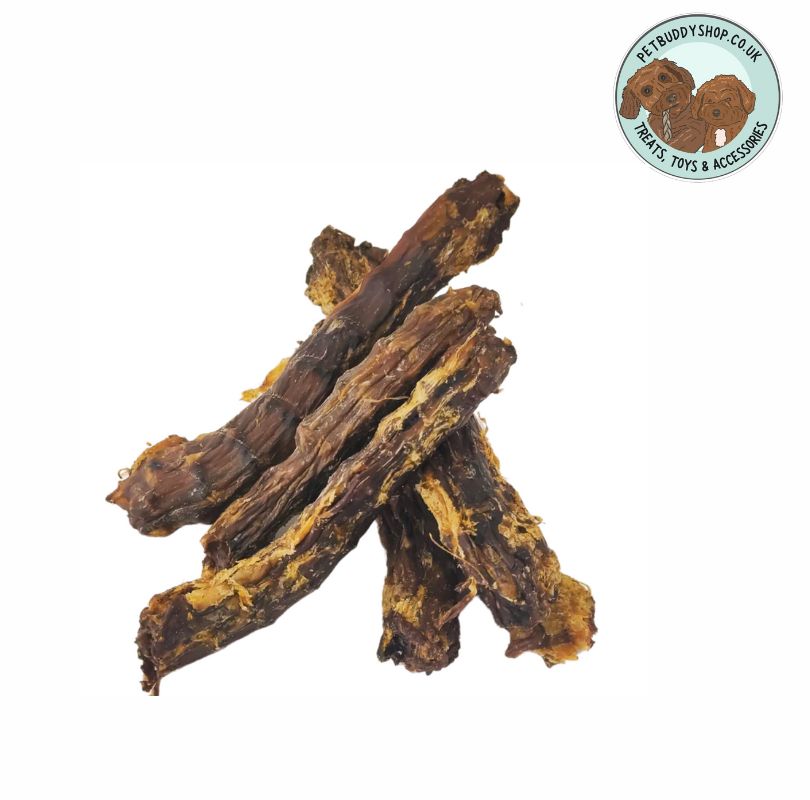 5 air dried duck necks on a white background with the PetBuddy logo in the top right hand corner.