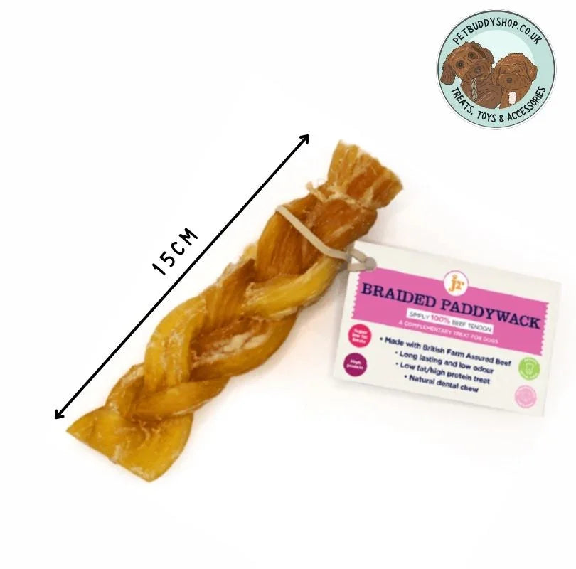 Braided dog chew treat with pink and white label which reads "Braided Paddywack" with an arrow running alongside the treat which reads "15cm" on a white background.