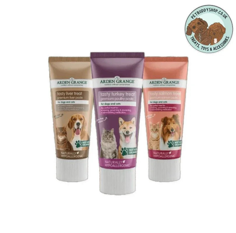 Three Arden Grange Paste Treat Tubes (flavours Pork Liver, Turkey and Salmon) with images of a dog and cat on the packaging against a white background.