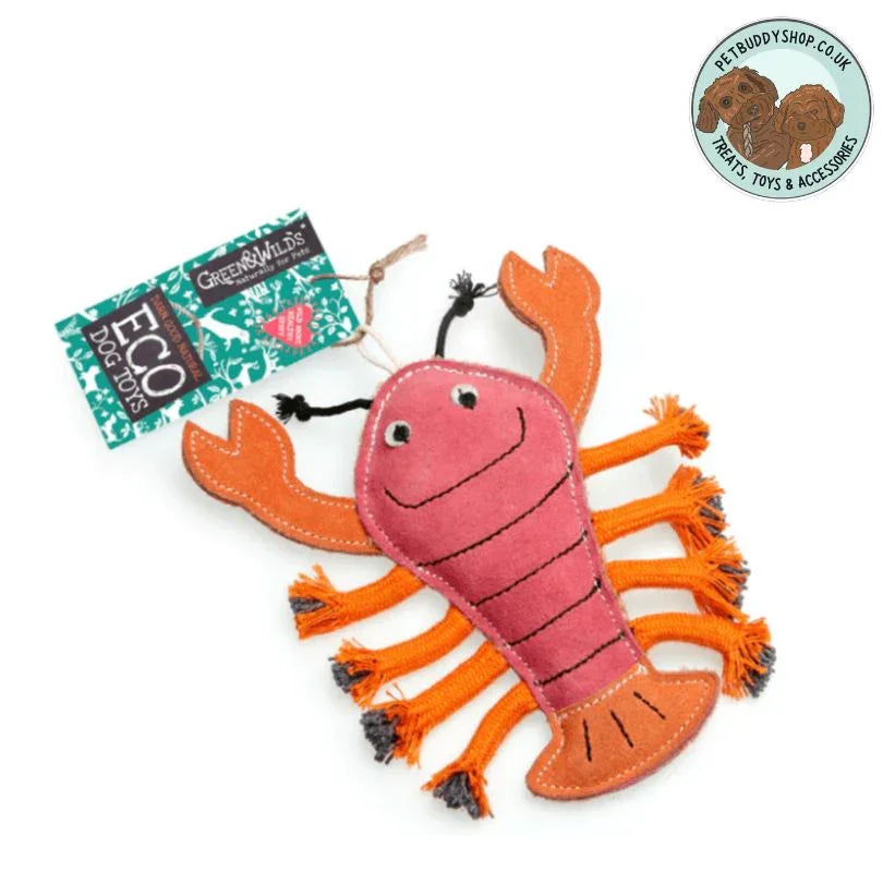Pink and orange lobster dog toy with 8 rope legs and 2 pinchers on a white background. 