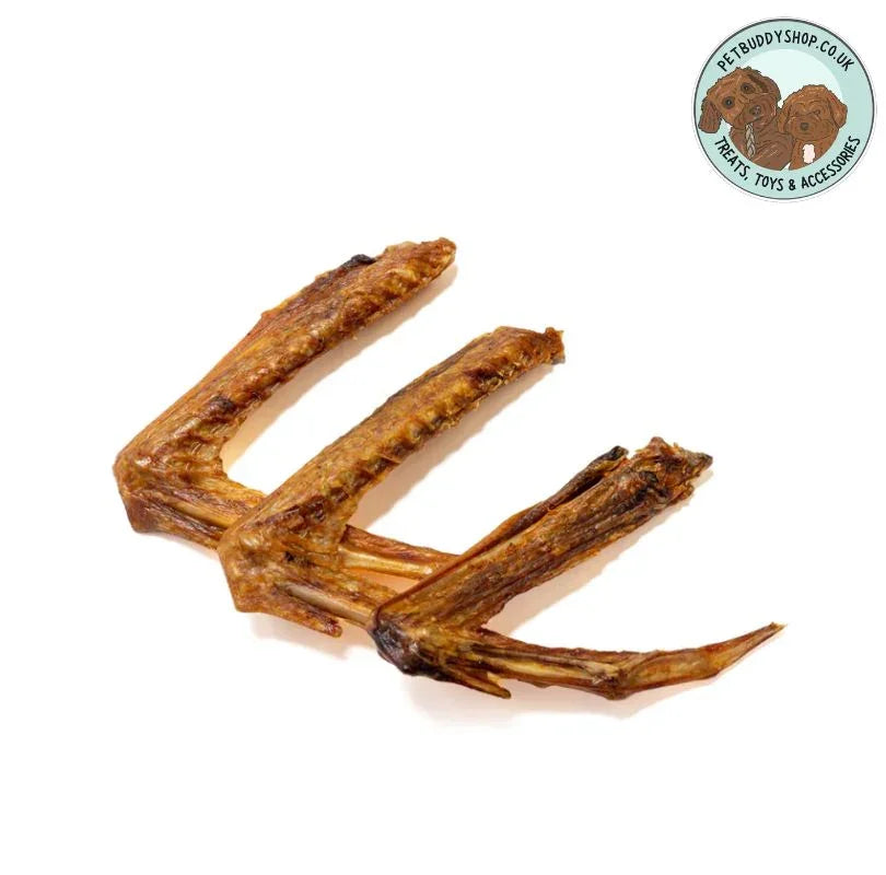 Three goose wings Dog treats laid flat on a white background with the PetBuddy  logo in the corner.