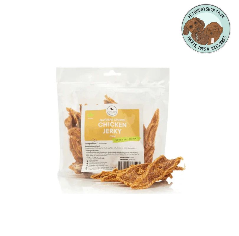 Transparent package of chicken jerky dog treats on a white background with the PetBuddy brand logo in the top right hand corner.