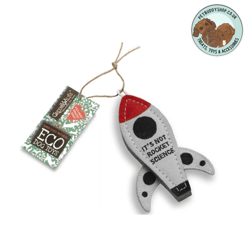 Grey, black and red Rocket dog toy on a white background with the PetBuddy logo in the top right hand corner.