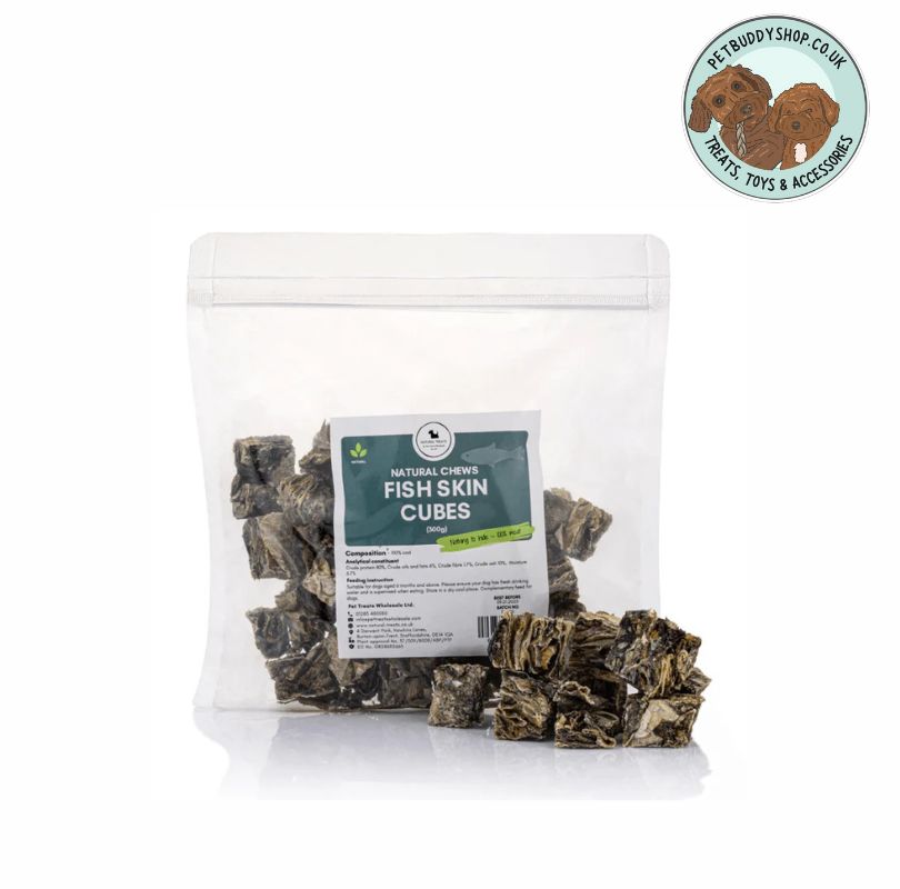 Bag of fish skin cubes dog treats with a label on a white background