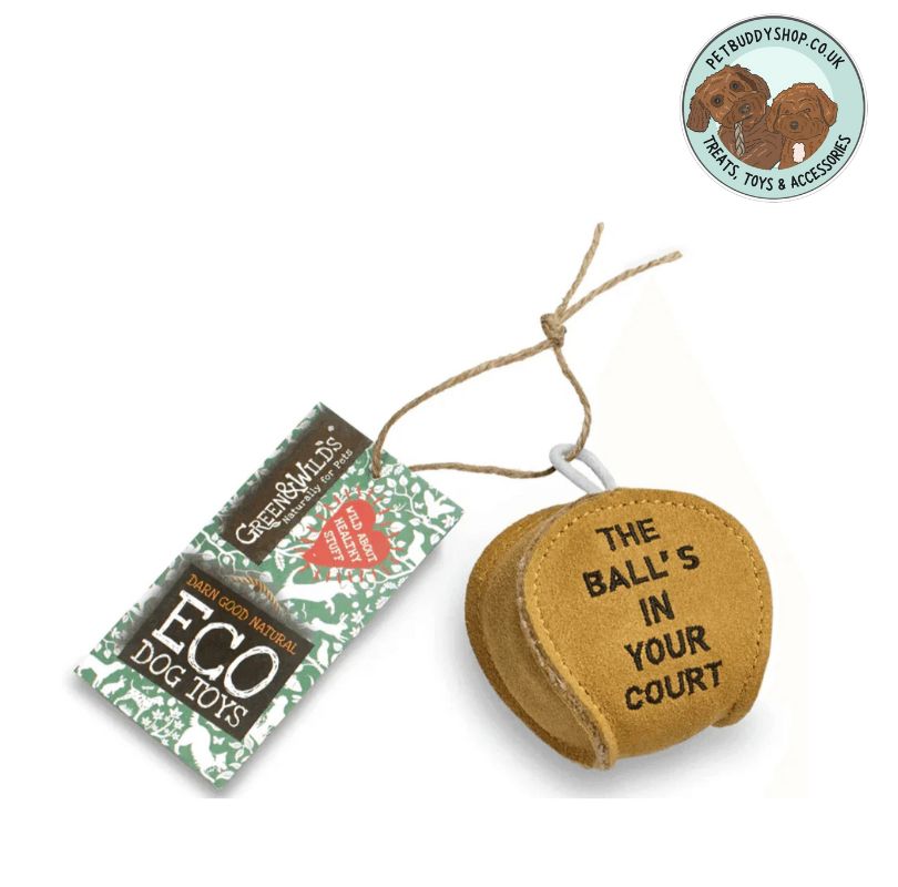 Round shaped yellow dog toy with 'The Ball's in Your Court' text sewn into it with a tag on a white background with the PetBuddy logo in the top right hand corner.