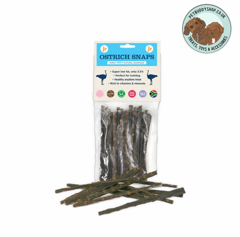 Packaged ostrich snacks dog treats with a white background and 'PetBuddy Shop' logo.