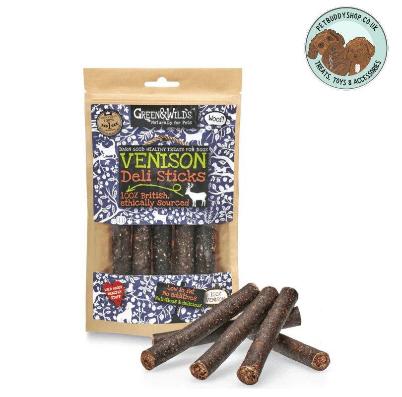 Package of Green & Wild's Venison Deli Sticks for dogs with packaging on a white background with the PetBuddy logo in the top right hand corner.